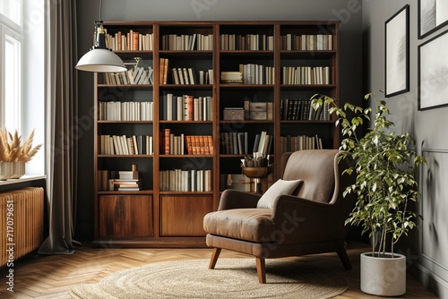 Standard or Extended Stylish interior of living room with design brown armchair, wooden bookcase, pendant lamp, carpet decor, picture frames and elegant personal accessories in modern retro home decor © Sardar