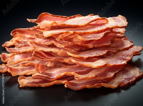 Slices of smoked bacon on dark background.