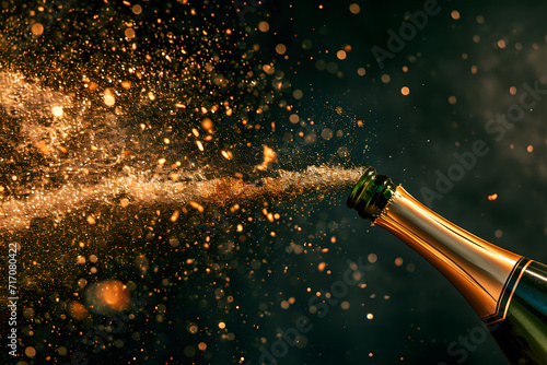 champagne bottle spilled into a black background. Party © Oksana