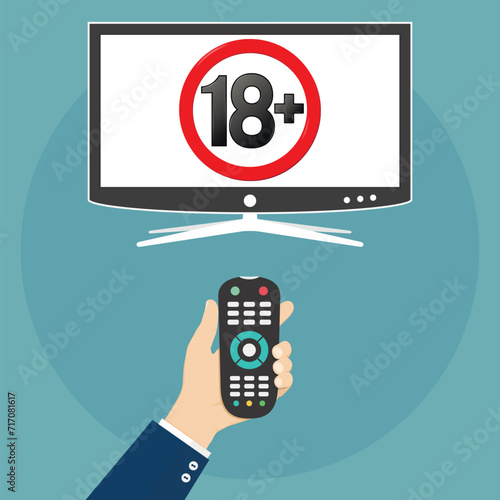 Parental control. 18 plus media, warning sign on tv screen.