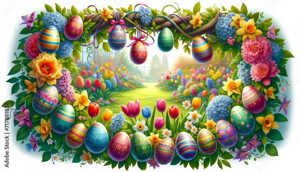 A festive Easter egg garland intertwined with a variety of colorful spring flowers, hanging in front of a bright window with a view of a blossoming garden.