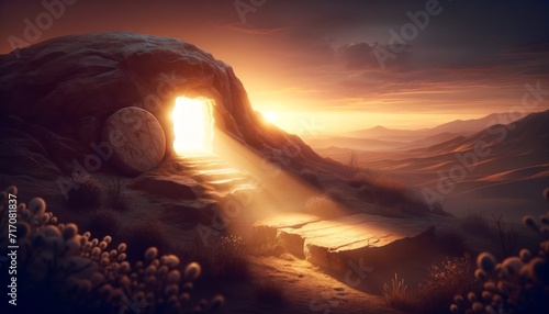 Empty tomb with the stone rolled away at dawn, symbolizing Jesus' resurrection, set against the backdrop of a beautiful sunrise. photo