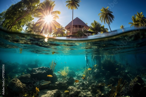 Exquisite split-view. tropical island with serene hut and majestic fish gliding underwater © sorin