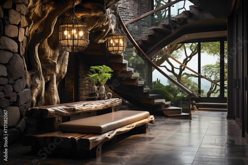 Visualize the unique blend of nature and design in a rustic-style entrance hall with a wild stone cladding wall and a wooden bench. 