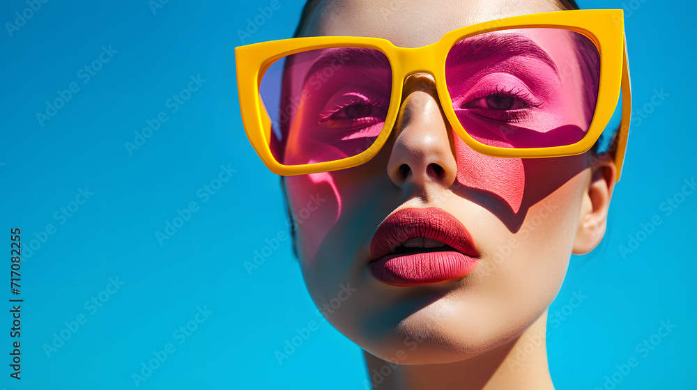 Closeup portrait of fasionable woman wearing bright pink and yellow sunglasses, street pop style