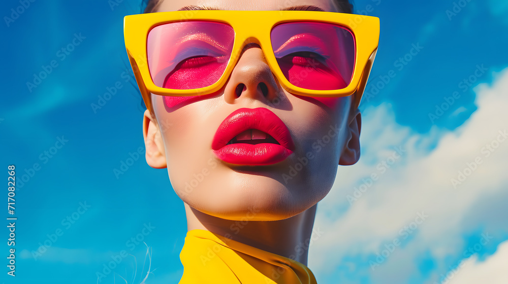 Closeup portrait of fasionable woman wearing bright pink and yellow sunglasses, street pop style Closeup portrait of fasionable woman wearing bright pink and yellow sunglasses, street pop style