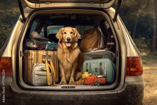 dog sitting in car trunk with luggage. Holiday Vacation, Travel and Transport concept. © Lucky Fenix
