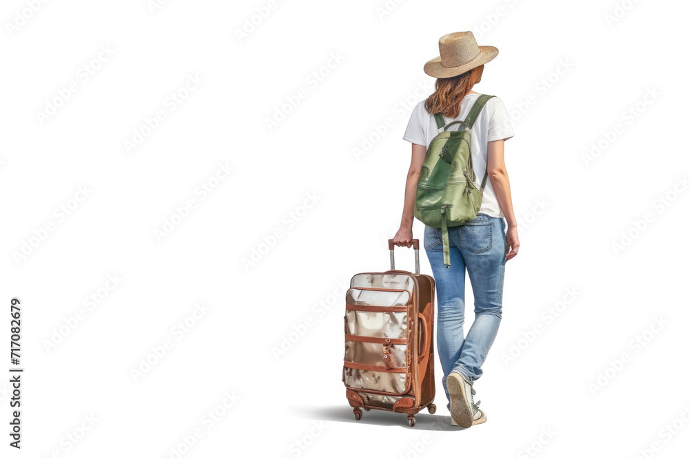 A girl with a suitcase is going on vacation.Isolate on white.Leisure, travel, tourism.Concept A girl with a suitcase is going on vacation.Isolate on white.Leisure, travel, tourism.Concept