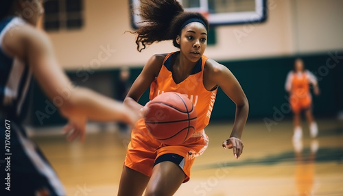 Black woman basketball player on the court during a game wearing a red uniform. Sport, game, basket, sporty, competition, desire to win, AI. photo