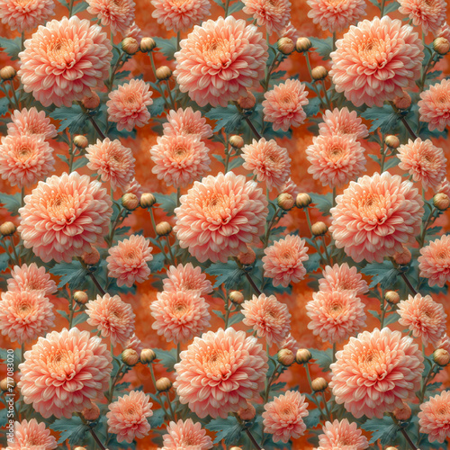 Pattern bouquet of pink chrysanthemums on an orange background