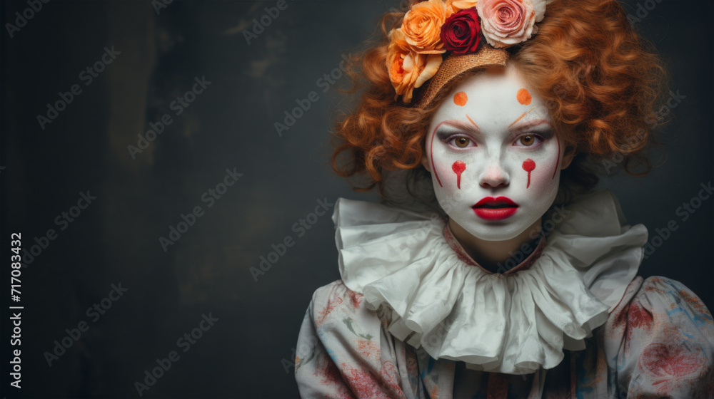 A beautiful female clown in costume with orange hair and clown makeup. 