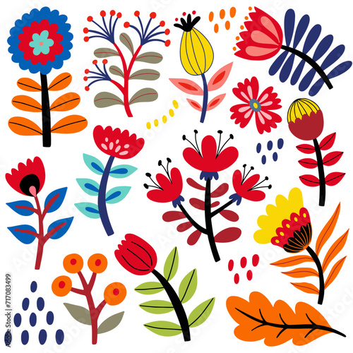 Folk art flowers set, vector flat illustration, isolated elements on white background.