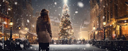 Rear view of girl standing at the city square and looking at Christmas tree in winter time, Christmas tree in evening snow city, photo