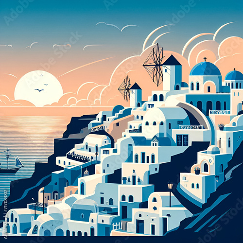 Santorini flat vector city skyline