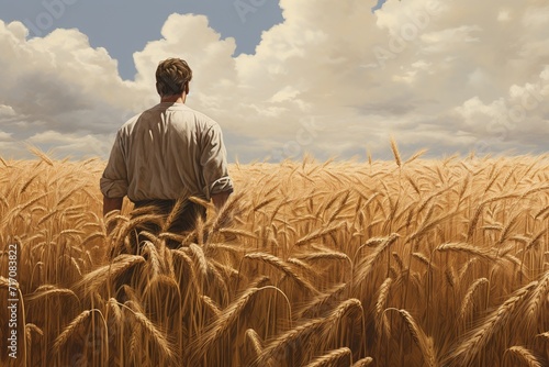Back view of a man standing in a wheat field looking at the horizon, Ai Generated © Mediapro