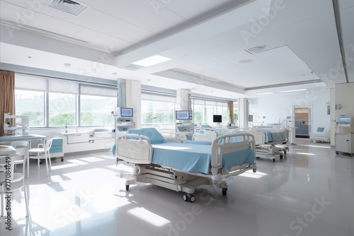 Hospital icu room with life support. emergency medical care and patient monitoring photo