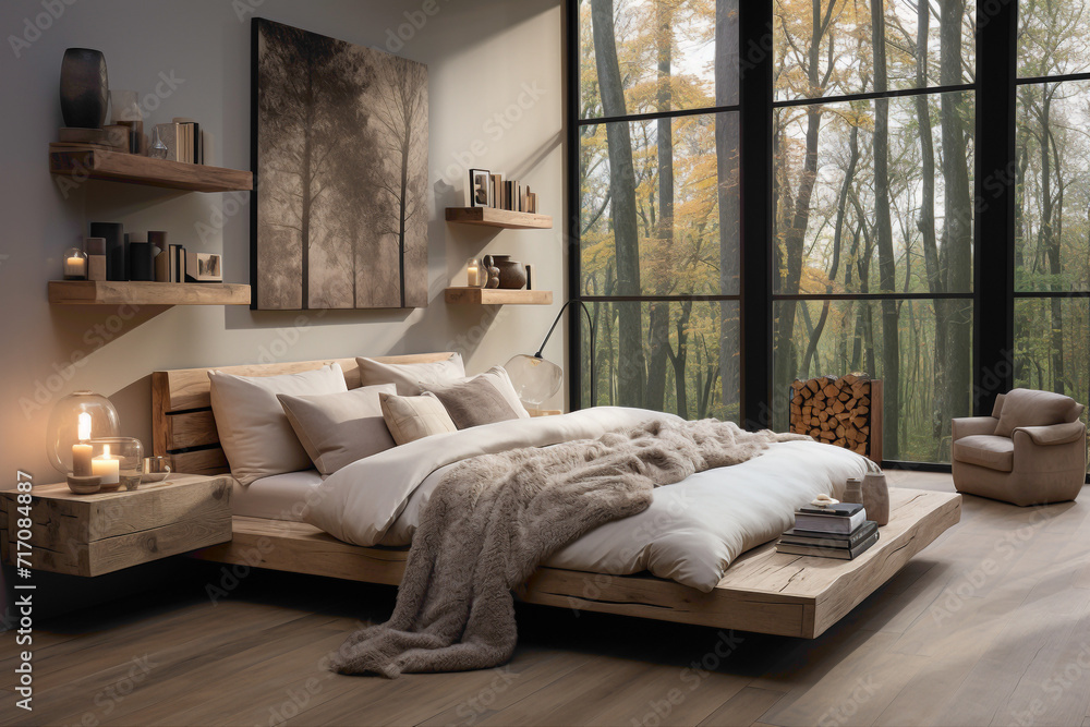 Revel in the understated beauty of a simple and attractive cozy beige bed, embodying the essence of Scandinavian design in a tranquil bedroom retreat.
