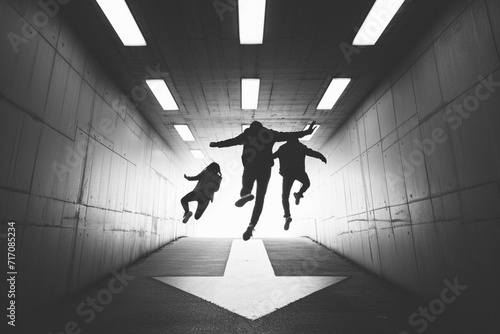 Creative collage picture illustration black white filter five successful excited happy colleagues jump arrow way sketch exclusive template