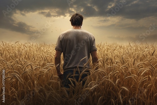 Rear view of a man standing in a wheat field looking at the sunset, Ai Generated