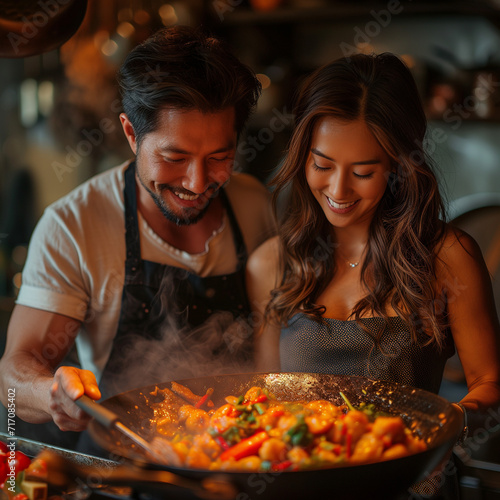 Joyful couple cooking together at home