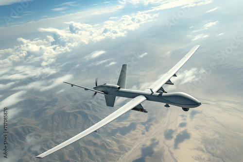 Automated US army combat drone during a mission in flight AI Generation