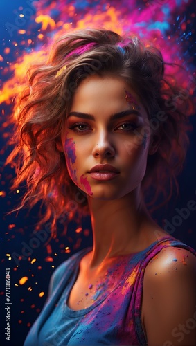 Portrait of beautiful young woman covered in colorful holi powder