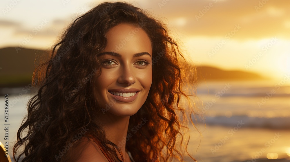 Blurred out of focus portrait of surfer girl holding her board in the sea at sunset