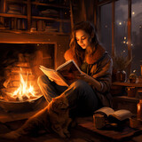 reading a book by a fire cozy image 