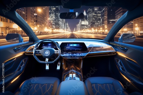 Futuristic autonomous car dashboard. advanced hud, hologram screens, wide infotainment system © sorin