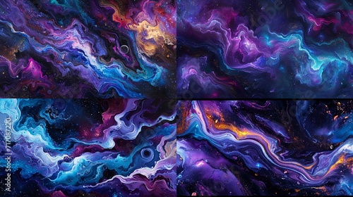 A cosmic collision of wavy abstract forms, with deep purples and electric blues creating a cosmic spectacle