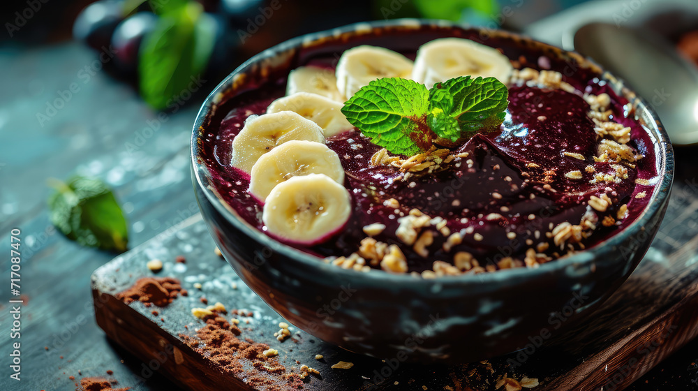 Açaí bowl with banana and crunchy granola. Açaí bowl with banana and crunchy granola.