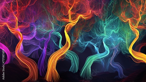 A digital forest of wavy abstract trees, with each branch pulsating with vivid and dynamic colors
