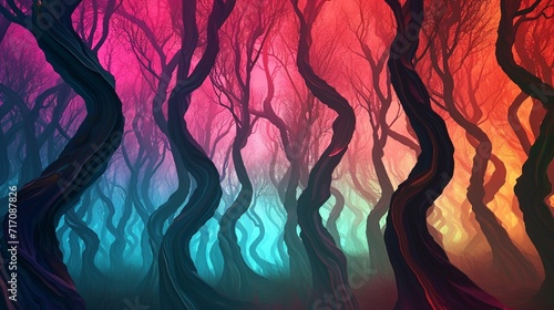 A digital forest of wavy abstract trees, with each branch pulsating with vivid and dynamic colors