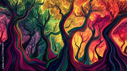 A digital forest of wavy abstract trees, with each branch pulsating with vivid and dynamic colors