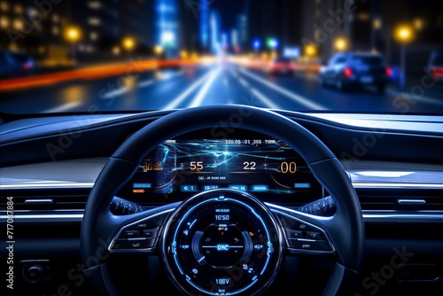 Futuristic autonomous car dashboard with hud, hologram screens, and infotainment system © sorin
