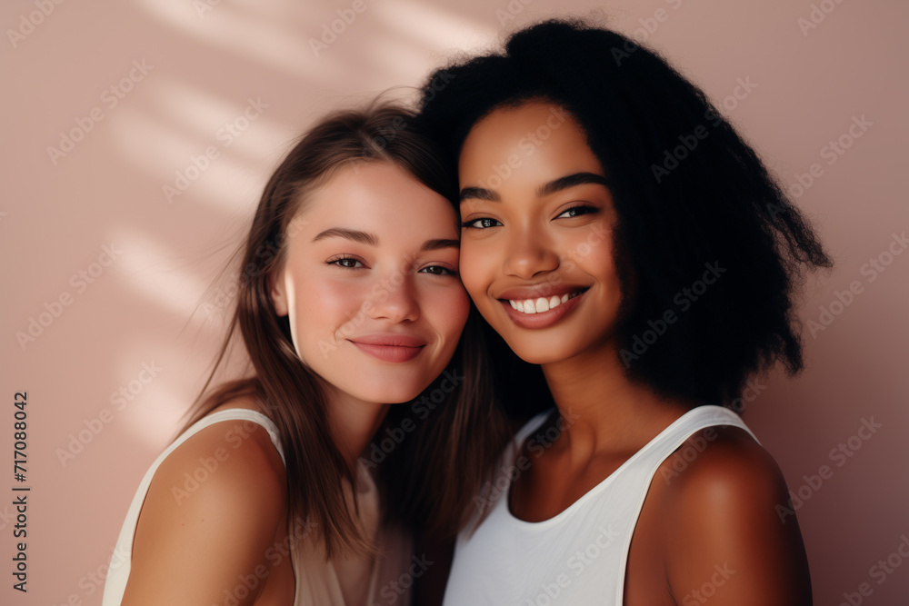 Happy Young Mixed Race Girlfriends Standing Together Indoors Happy Young Mixed Race Girlfriends Standing Together Indoors