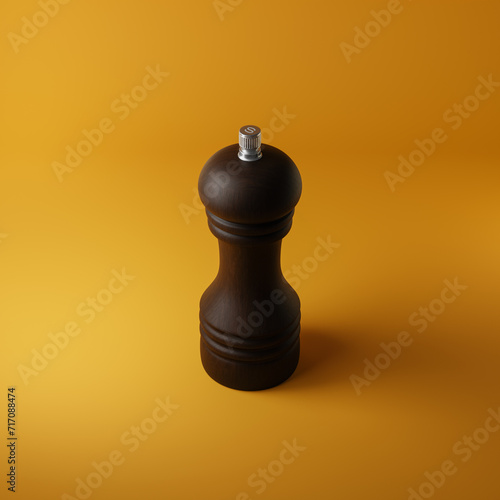 Wooden salt grinder isolated over yellow background. 3d rendering.