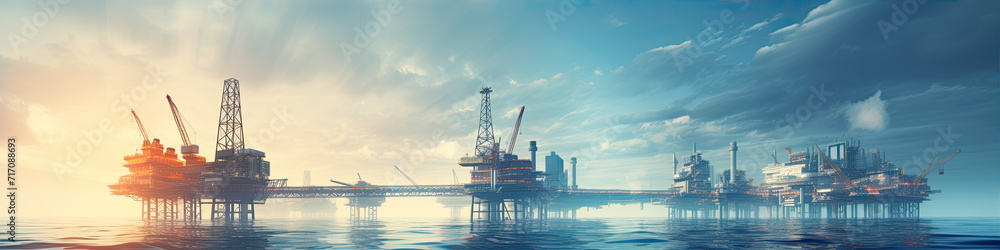 Offshore oil and gas platform in ocean. Petroleum platforms or crane.wide banner
