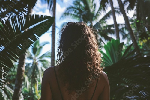 girl stands on the background of tropical trees