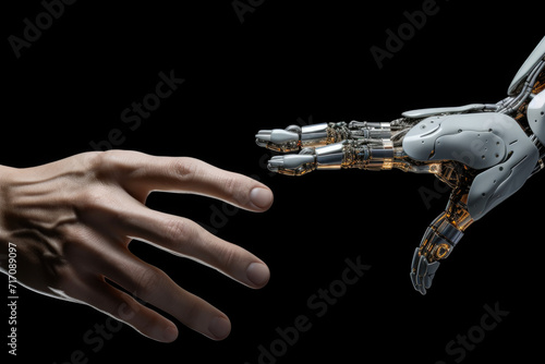 Futuristic Robot Arm Touches Human Hand in Humanity and Artificial Intelligence Unifying Gesture. Conscious Technology Meets Humanity. Concept Inspired by Michelangelo's Creation of Adam.