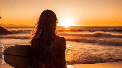 Golden hour bliss. serene surfer girl embracing her board in a dreamy out of focus sunset portrait