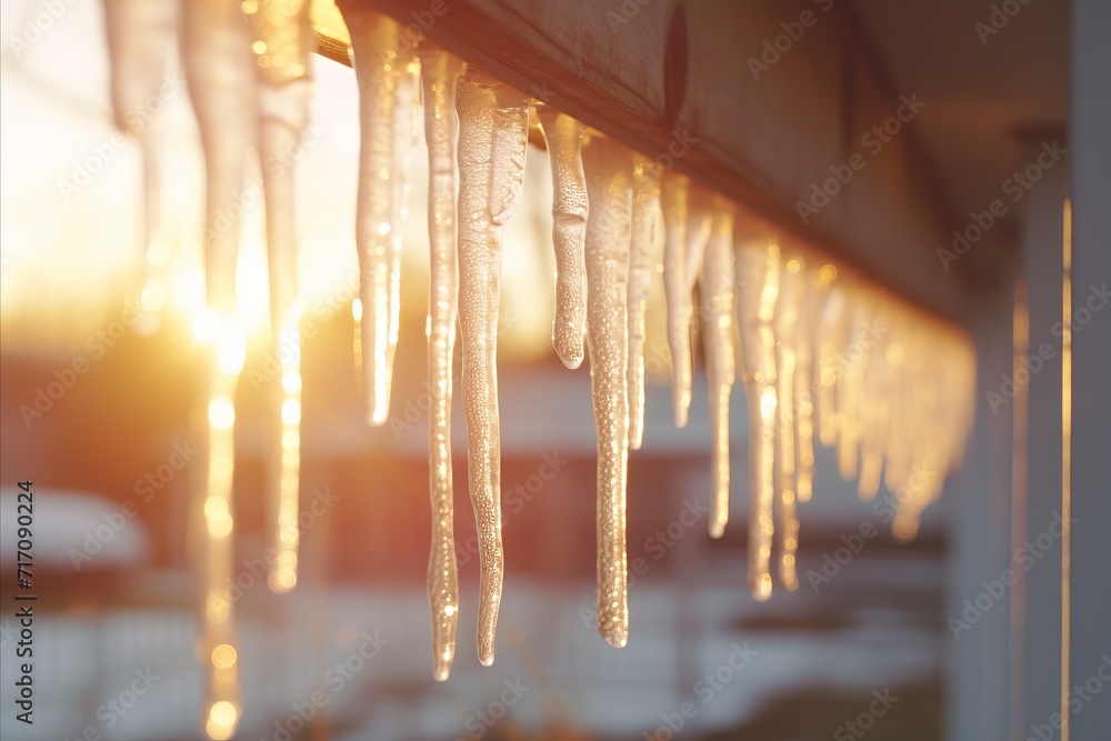 Frozen roof with icicles in winter   creative website header image with ice dam and frozen gutter