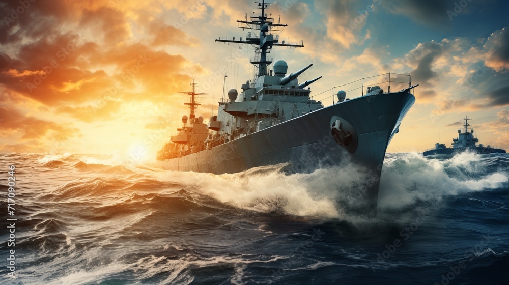 Fototapeta premium Missile launches from warboat destroyers. special navy military mission concepts