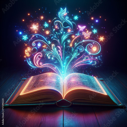 Open glowing neon magic book lying on the table. Illustration created using ai tools. © Marin4ik