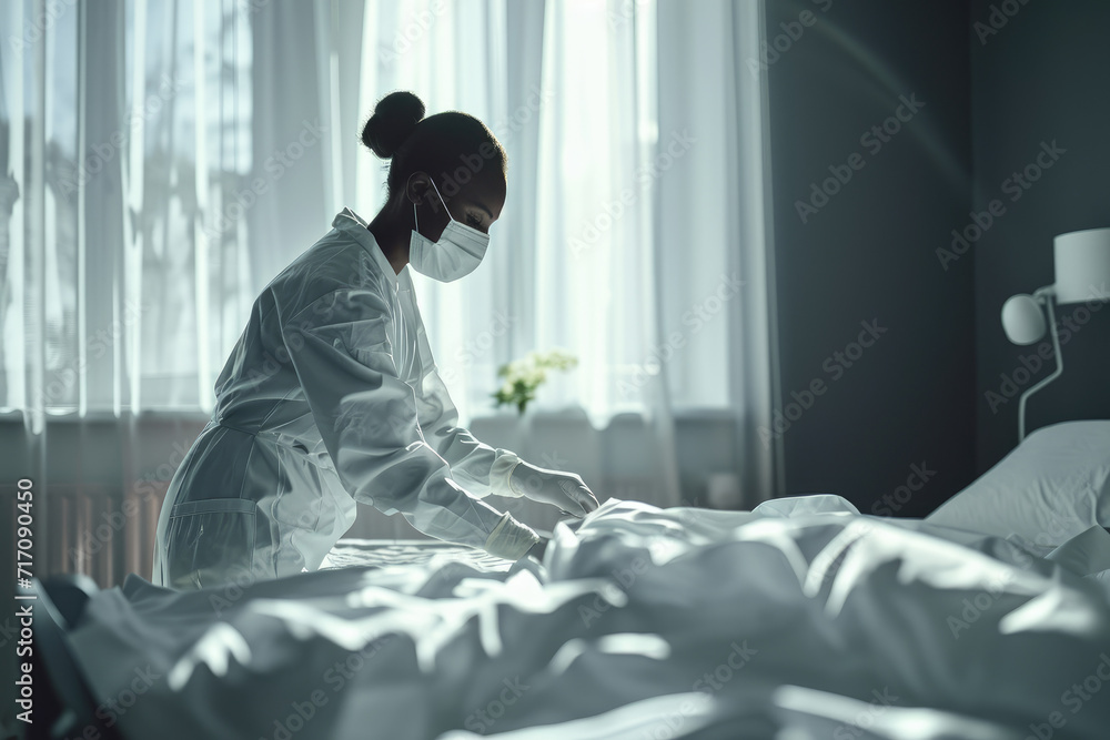 Hospital Ward: Professional Black Nurse Wearing Face Mask, Wiping the Bed, Cleaning Room After Covid-19 Patients Recover. Disinfection, Sterilizing, Sanitizing Clinic after Coronavirus Infected People - obrazy, fototapety, plakaty 