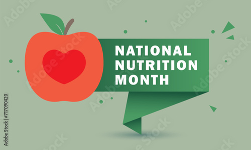 National Nutrition Month banner with apple and heart. Vector illustration