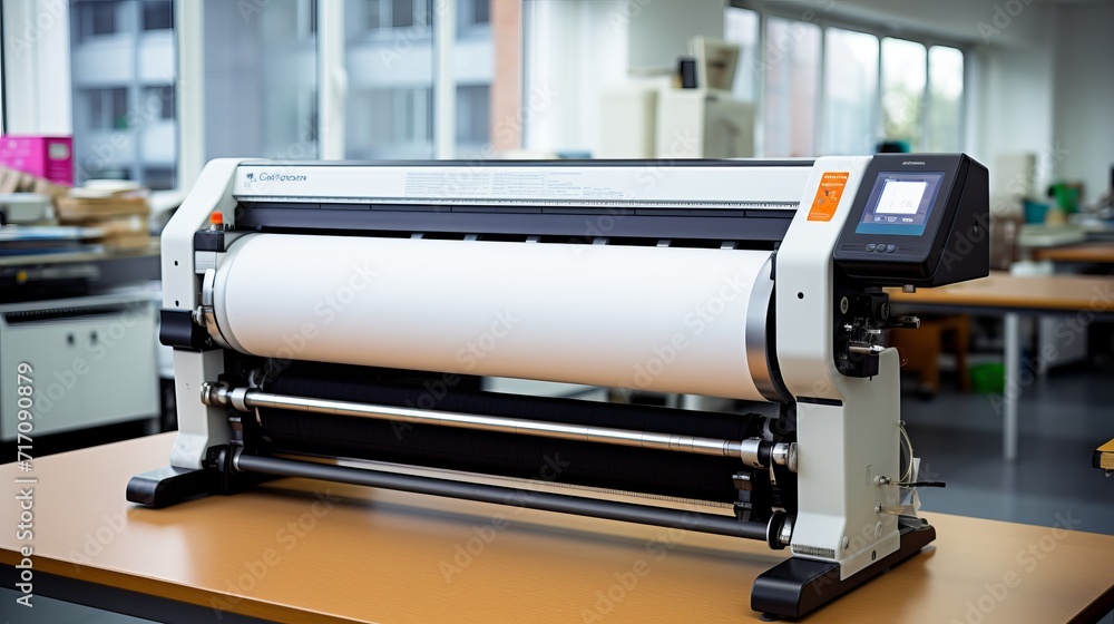 Professional large format plotter printing wide banner design blueprints at engineering office Professional large format plotter printing wide banner design blueprints at engineering office