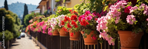 Colorful different flowers in pots on balcony or terrace  bright balcony with flowers  banner
