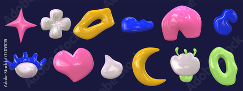 3d set y2k colorful glossy plastic element set. Abstract shape plastic render. Y2K form heart, star and flower. Vector illustration 3d render.