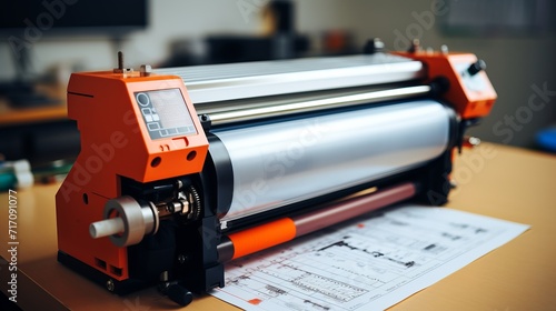 Professional large format plotter printing wide design blueprints at engineering office photo